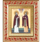 Благоверные князья Петр и Феврония Муромские (лик № 015), икона в рамке с узором 14,5*16,5 см - Иконы оптом