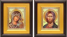 Венчальная пара "Спаситель-Казанская" (лики № 108-109), две иконы в широких киотах 16,5*18,5 см - Иконы оптом