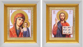 Венчальная пара "Спаситель-Казанская" (лики № 089-090), две иконы в белых киотах 14,5*16,5 см - Иконы оптом