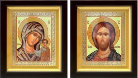 Венчальная пара "Спаситель-Казанская" (лики № 108-109), две иконы в киотах 14,5*16,5 см - Иконы оптом