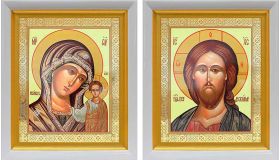 Венчальная пара "Спаситель-Казанская" (лики № 108-109), две иконы в белых киотах 19*22,5 см - Иконы оптом