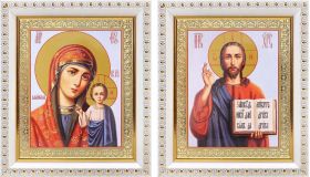 Венчальная пара "Спаситель-Казанская" (лики № 089-090), две иконы в белых пластиковых рамках 12,5*14,5 см - Иконы оптом