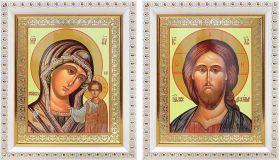 Венчальная пара "Спаситель-Казанская" (лики № 108-109), две иконы в белых пластиковых рамках 12,5*14,5 см - Иконы оптом