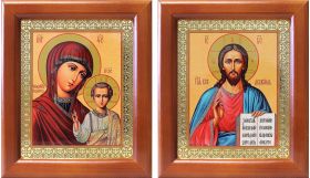 Венчальная пара "Спаситель-Казанская" (лики № 128-129), две иконы в рамках 12,5*14,5 см - Иконы оптом