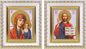 Венчальная пара "Спаситель-Казанская" (лики № 089-090), две иконы в белых пластиковых рамках 8,5*10 см - Иконы оптом