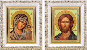 Венчальная пара "Спаситель-Казанская" (лики № 108-109), две иконы в белых пластиковых рамках 8,5*10 см - Иконы оптом