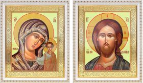 Венчальная пара "Спаситель-Казанская" (лики № 108-109), две иконы в белых пластиковых рамках 17,5*20,5 см - Иконы оптом