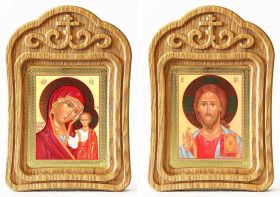 Венчальная пара "Спаситель-Казанская" (лики № 027-028), две иконы в резных рамках - Иконы оптом
