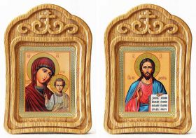 Венчальная пара "Спаситель-Казанская" (лики № 128-129), две иконы в резных рамках - Иконы оптом
