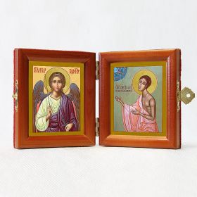 Складень именной "Блаженный Иоанн Устюжский, Христа ради юродивый - Ангел Хранитель", из двух икон 8*9,5 см - Бархатные складни