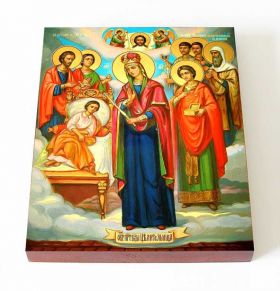 Икона Богородицы "Целительница" и святые врачеватели, печать на доске 13*16,5 см - Иконы оптом