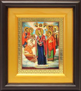 Икона Богородицы "Целительница" и святые врачеватели, широкий киот 16,5*18,5 см - Иконы оптом