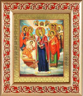 Икона Богородицы "Целительница" и святые врачеватели, рамка с узором 14,5*16,5 см - Иконы оптом