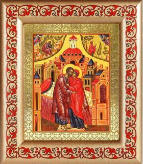 Зачатие Пресвятой Богородицы, икона в рамке с узором 14,5*16,5 см - Иконы оптом