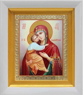 Владимирская икона Божией Матери (лик № 084), в белом киоте 14,5*16,5 см - Иконы оптом