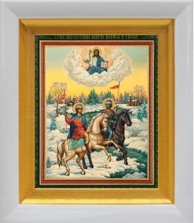 Благоверный князья Борис и Глеб на конях, икона в белом киоте 14*16 см - Иконы оптом