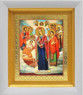 Икона Богородицы "Целительница" и святые врачеватели, белый киот 14,5*16,5 см - Иконы оптом