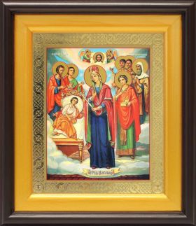 Икона Богородицы "Целительница" и святые врачеватели, широкий киот 21,5*25 см - Иконы оптом
