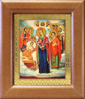 Икона Богородицы "Целительница" и святые врачеватели, широкая рамка 14,5*16,5 см - Иконы оптом