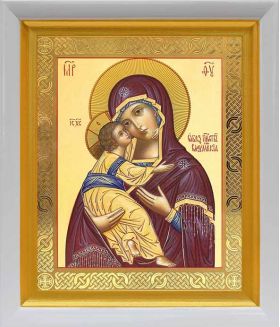 Владимирская икона Божией Матери (лик № 011), в белом киоте 19*22,5 см - Иконы оптом