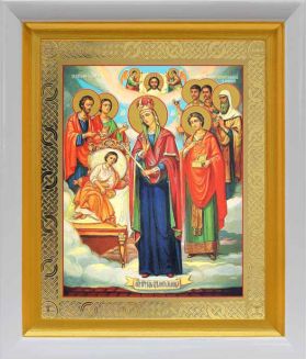 Икона Богородицы "Целительница" и святые врачеватели, белый киот 19*22,5 см - Иконы оптом