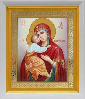 Владимирская икона Божией Матери (лик № 084), в белом киоте 19*22,5 см - Иконы оптом