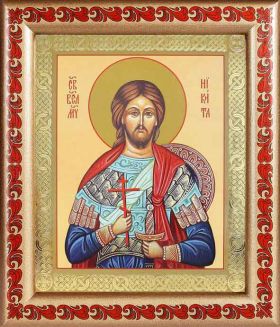 Великомученик Никита Готфский, икона в рамке с узором 19*22,5 см - Иконы оптом