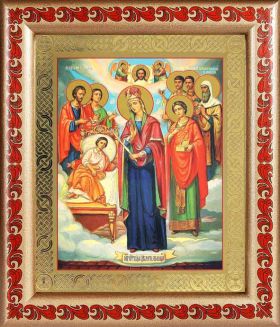 Икона Богородицы "Целительница" и святые врачеватели, рамка с узором 19*22,5 см - Иконы оптом