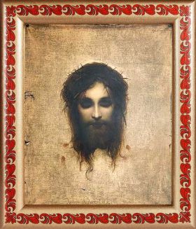 Иисус моргающий или Плат святой Вероники, икона в рамке с узором 19*22,5 см - Иконы оптом