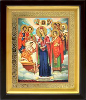 Икона Богородицы "Целительница" и святые врачеватели, киот 19*22,5 см - Иконы оптом