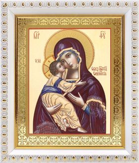 Владимирская икона Божией Матери (лик № 011), в белой пластиковой рамке 12,5*14,5 см - Иконы оптом