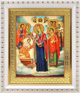 Икона Богородицы "Целительница" и святые врачеватели, в белой пластиковой рамке 12,5*14,5 см - Иконы оптом