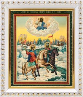 Благоверные князья Борис и Глеб на конях, икона в белой пластиковой рамке 12,5*14,5 см - Иконы оптом
