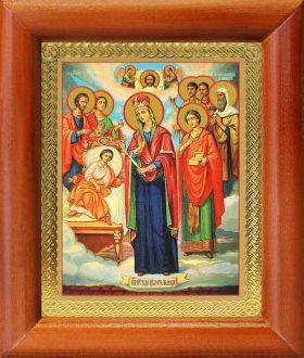 Икона Богородицы "Целительница" и святые врачеватели, рамка 8*9,5 см - Иконы оптом