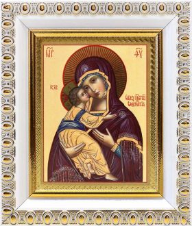 Владимирская икона Божией Матери (лик № 011), в белой пластиковой рамке 8,5*10 см - Иконы оптом
