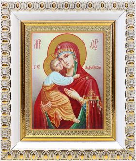 Владимирская икона Божией Матери (лик № 084), в белой пластиковой рамке 8,5*10 см - Иконы оптом