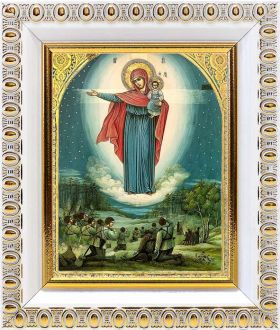 Августовская икона Божией Матери, 1914 г, в белой пластиковой рамке 8,5*10 см - Иконы оптом