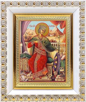 Великомученица Екатерина Александрийская (лик № 054), икона в белой пластиковой рамке 8,5*10 см - Иконы оптом