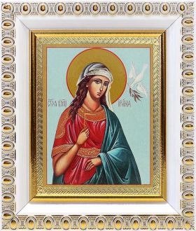 Великомученица Ирина Македонская (лик № 057), икона в белой пластиковой рамке 8,5*10 см - Иконы оптом