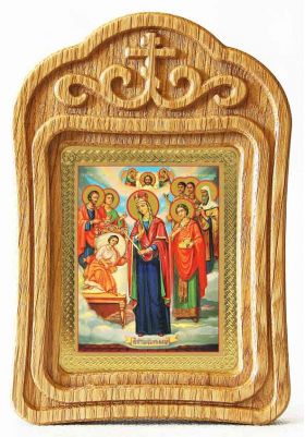 Икона Богородицы "Целительница" и святые врачеватели, резная деревянная рамка - Иконы оптом